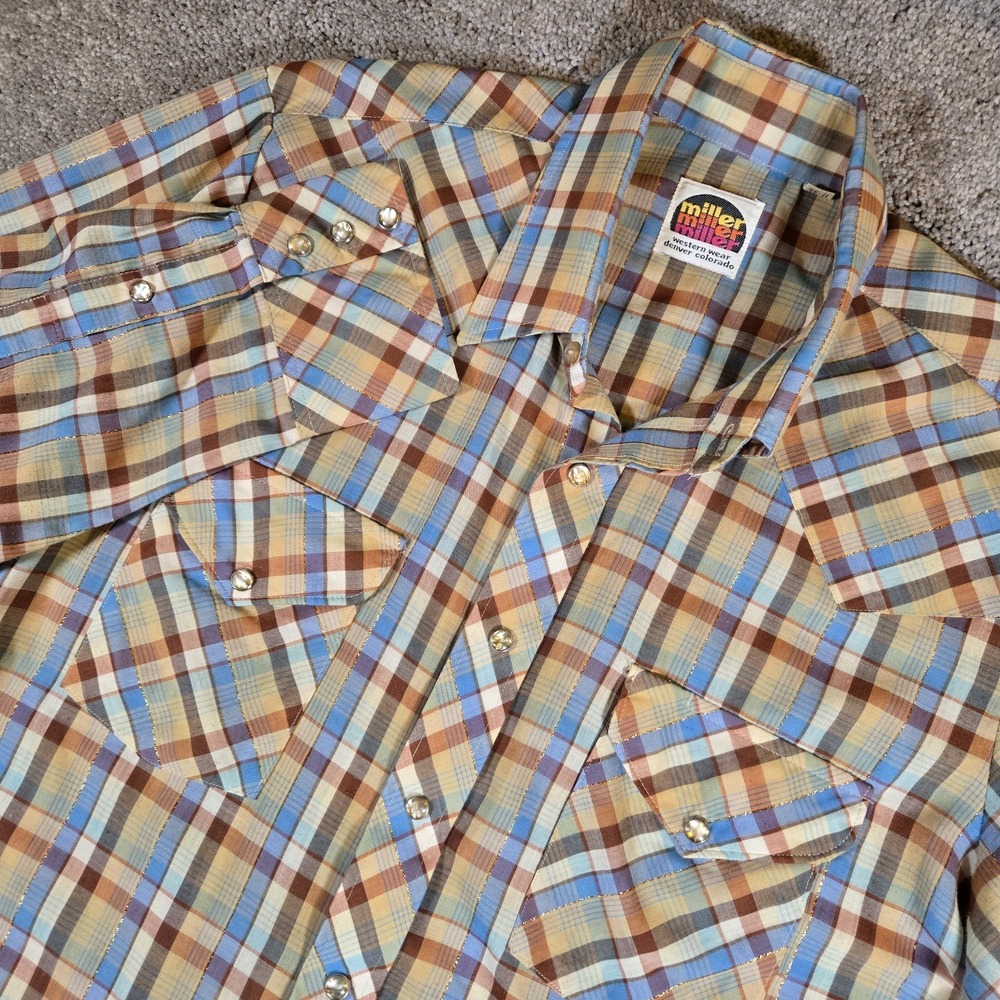 Vintage Miller Western Wear Mens Cowboy Pearl Snap Shirt Beige Blue Plaid 17-35